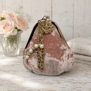Vintage Style Pink Velvet Evening Bag Purse Chain Strap Wedding Festive Party